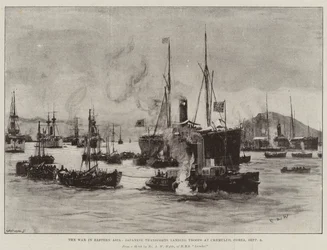 La guerra en Asia Oriental, transportes japoneses desembarcando tropas en Chemulpo, Corea, 9 de septiembre